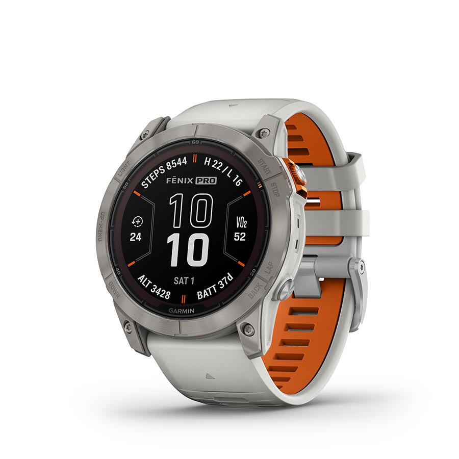 Garmin, fenix 7X Pro Sapphire Solar, Watch, Watch Color: Titanium, Wristband: Fog Grey/ Ember Orange - Silicone