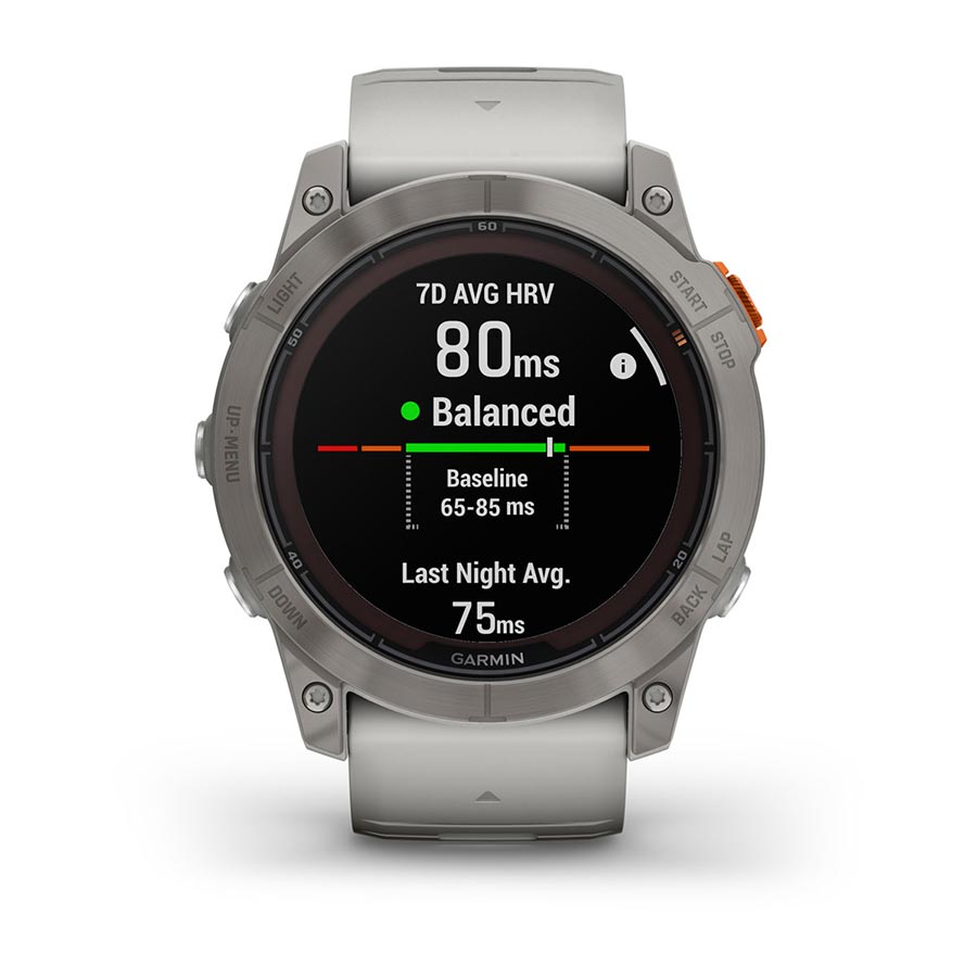 Garmin, fenix 7X Pro Sapphire Solar, Watch, Watch Color: Titanium, Wristband: Fog Grey/ Ember Orange - Silicone