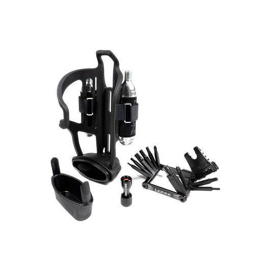 Lezyne, Tubeless Flow Storage Loaded, Bottle Cage, Composite, Includes CO2 Head, V18 Multi-Tool with Tubeless Reamer & Tire Plug Kits, 2 CO2 Cartridges (Right)